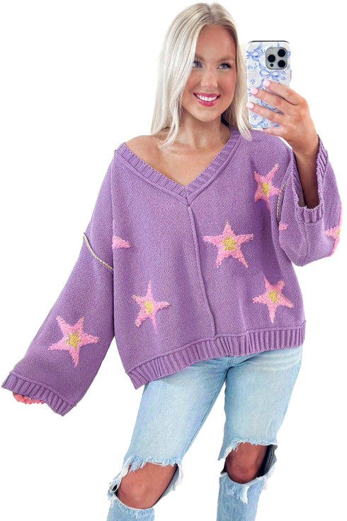 Oversized V Neck Tufted Star Exposed Seam Sweater
