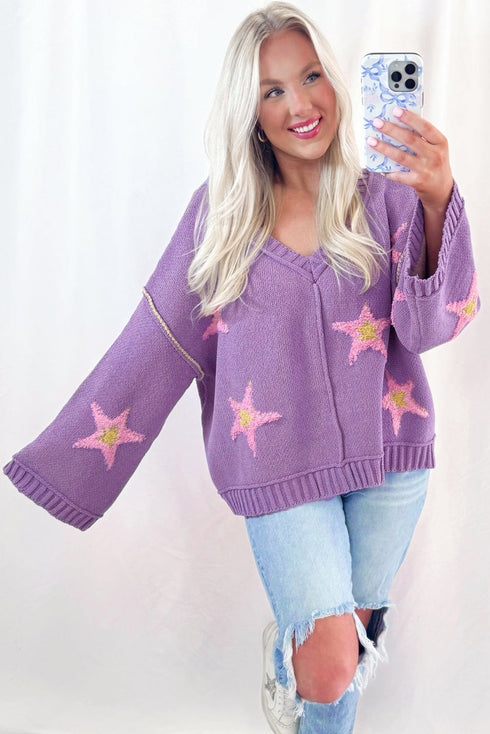 Oversized V Neck Tufted Star Exposed Seam Sweater