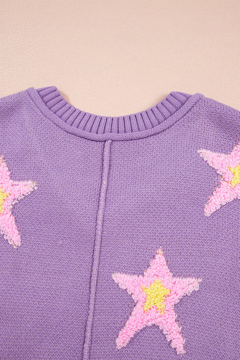 Oversized V Neck Tufted Star Exposed Seam Sweater