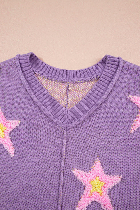 Oversized V Neck Tufted Star Exposed Seam Sweater