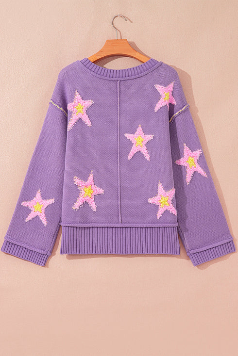 Oversized V Neck Tufted Star Exposed Seam Sweater