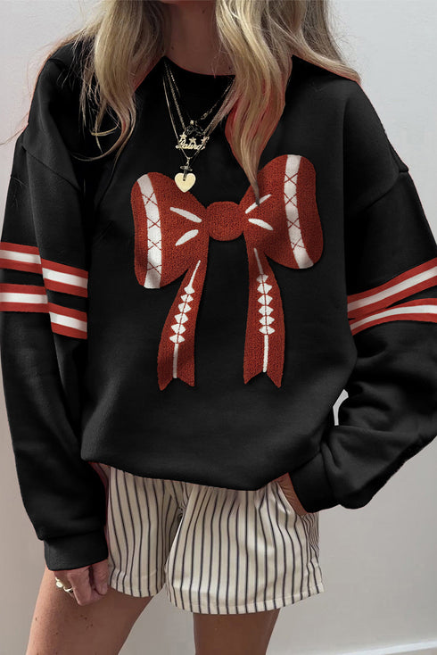 Oversized Varsity Stripe Bow Graphic Crew Neck Sweatshirt
