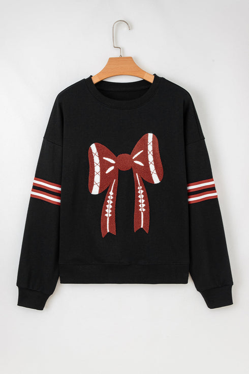 Oversized Varsity Stripe Bow Graphic Crew Neck Sweatshirt
