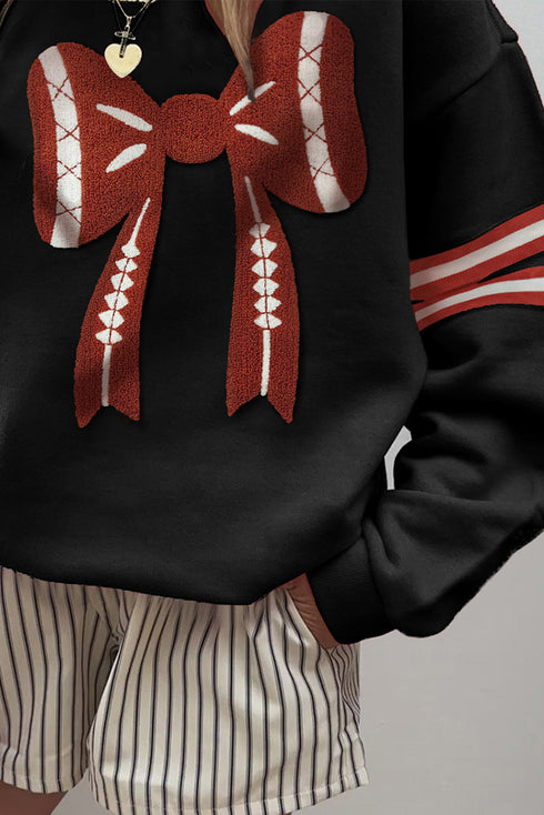 Oversized Varsity Stripe Bow Graphic Crew Neck Sweatshirt