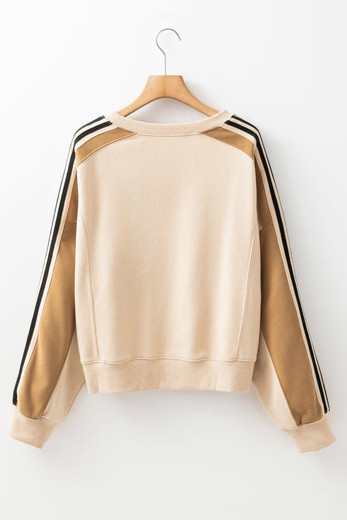 Oversized Varsity Stripe Sleeve Crew Neck Pullover Sweatshirt