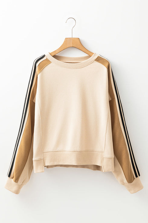Oversized Varsity Stripe Sleeve Crew Neck Pullover Sweatshirt