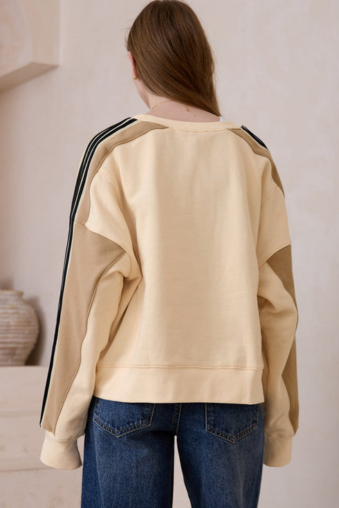 Oversized Varsity Stripe Sleeve Crew Neck Pullover Sweatshirt