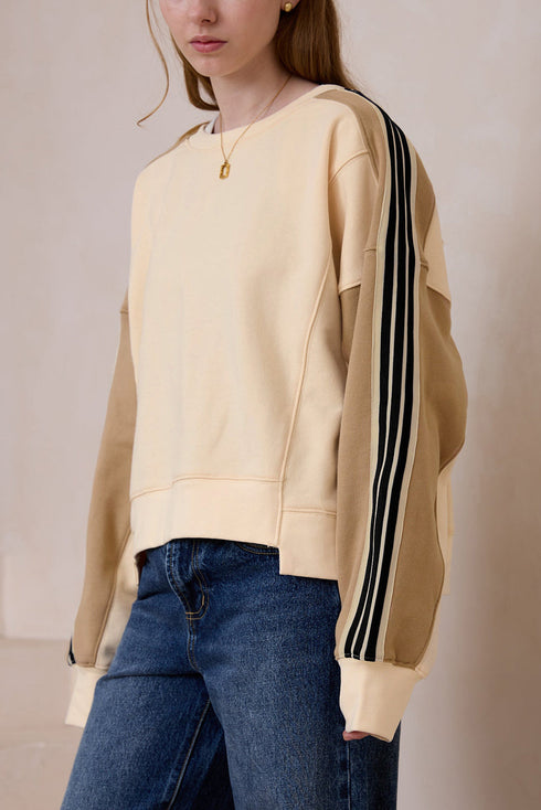 Oversized Varsity Stripe Sleeve Crew Neck Pullover Sweatshirt