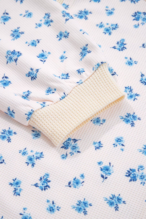 Oversized Waffle Knit Floral Patchwork Balloon Sleeve Top