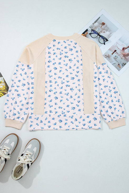 Oversized Waffle Knit Floral Patchwork Balloon Sleeve Top