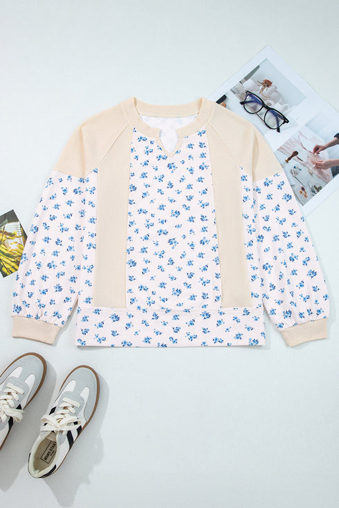 Oversized Waffle Knit Floral Patchwork Balloon Sleeve Top