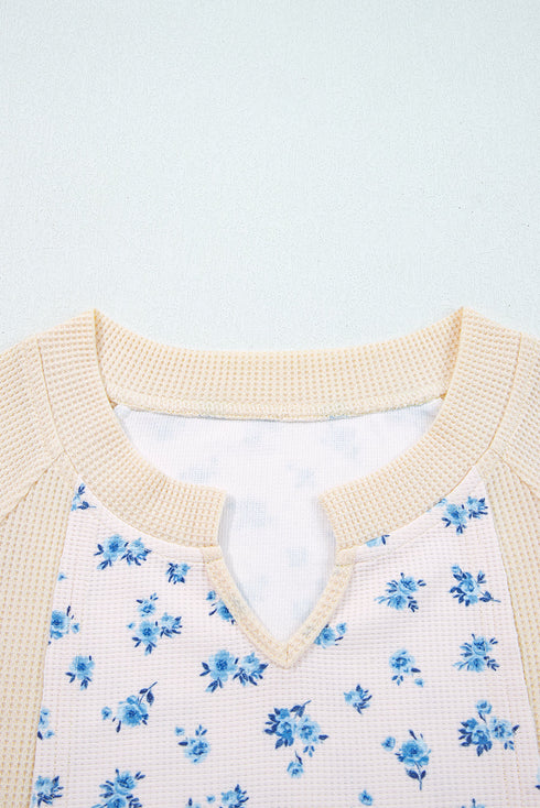 Oversized Waffle Knit Floral Patchwork Balloon Sleeve Top