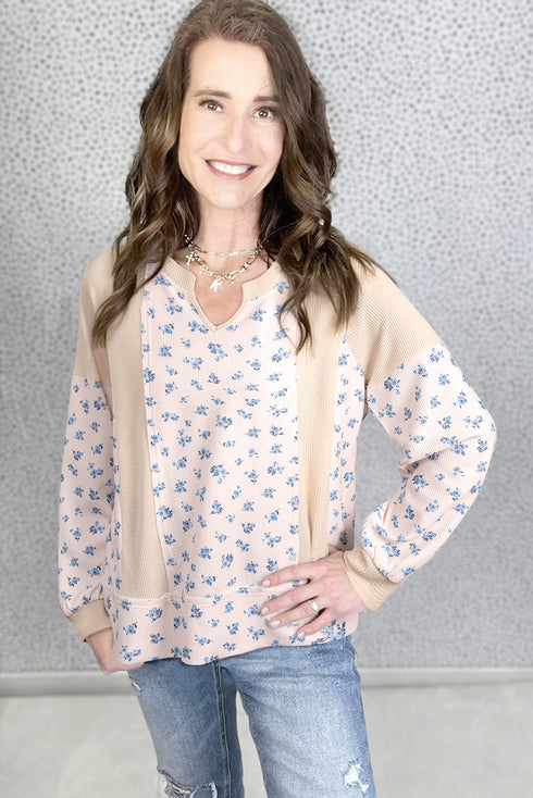 Oversized Waffle Knit Floral Patchwork Balloon Sleeve Top