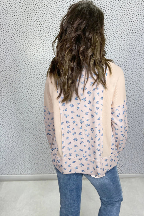 Oversized Waffle Knit Floral Patchwork Balloon Sleeve Top