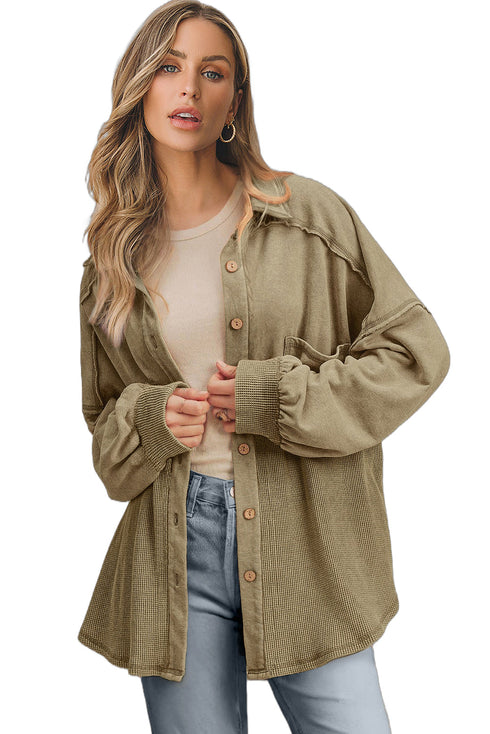 Oversized Waffle Knit Patchwork Button Down Shacket Jacket