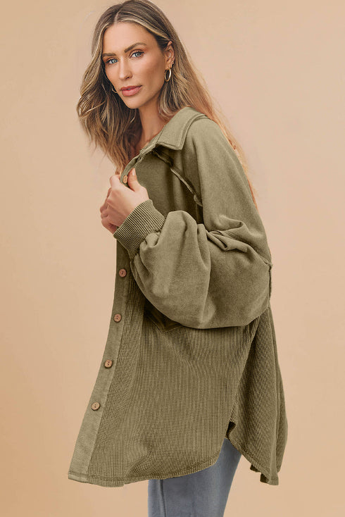 Oversized Waffle Knit Patchwork Button Down Shacket Jacket