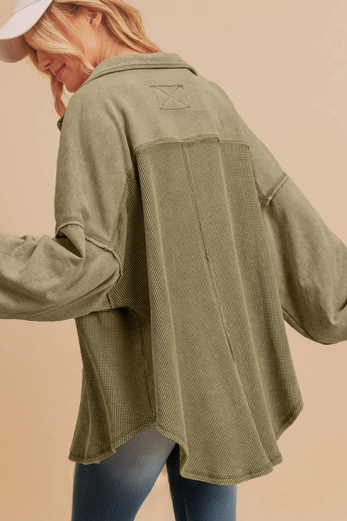 Oversized Waffle Knit Patchwork Button Down Shacket Jacket