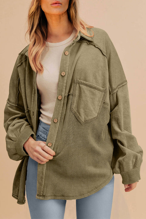 Oversized Waffle Knit Patchwork Button Down Shacket Jacket