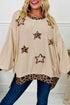 Oversized Waffle Knit Star Patch Animal Print Top