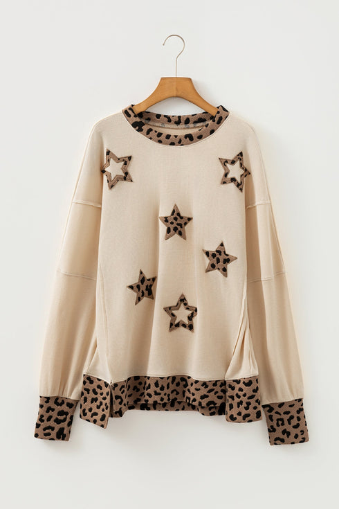 Oversized Waffle Knit Star Patch Animal Print Top