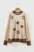 Oversized Waffle Knit Star Patch Animal Print Top