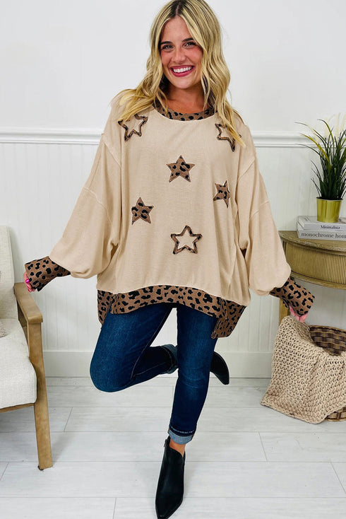 Oversized Waffle Knit Star Patch Animal Print Top
