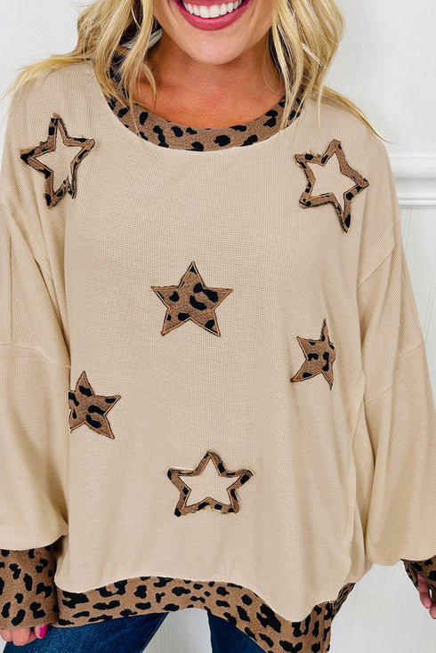 Oversized Waffle Knit Star Patch Animal Print Top
