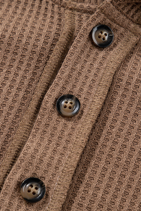 Oversized Waffle Patchwork Henley Kangaroo Pocket Exposed Seam Hoodie