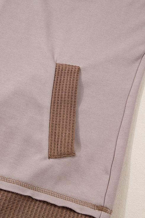 Oversized Waffle Patchwork Henley Kangaroo Pocket Exposed Seam Hoodie