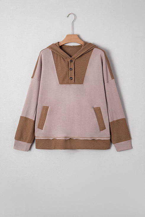 Oversized Waffle Patchwork Henley Kangaroo Pocket Exposed Seam Hoodie