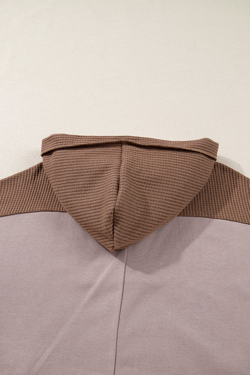 Oversized Waffle Patchwork Henley Kangaroo Pocket Exposed Seam Hoodie