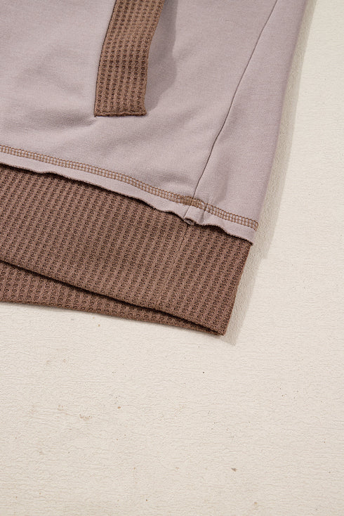 Oversized Waffle Patchwork Henley Kangaroo Pocket Exposed Seam Hoodie