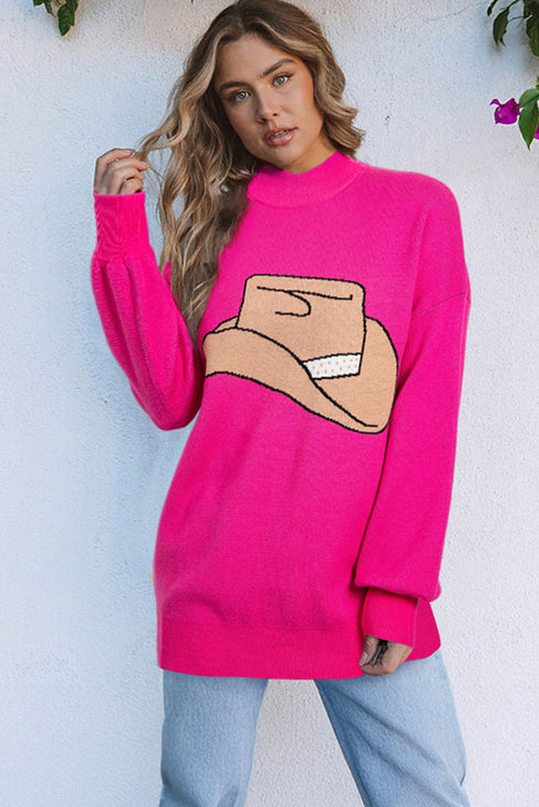 Oversized Western Hat Graphic Mock Neck Sweater