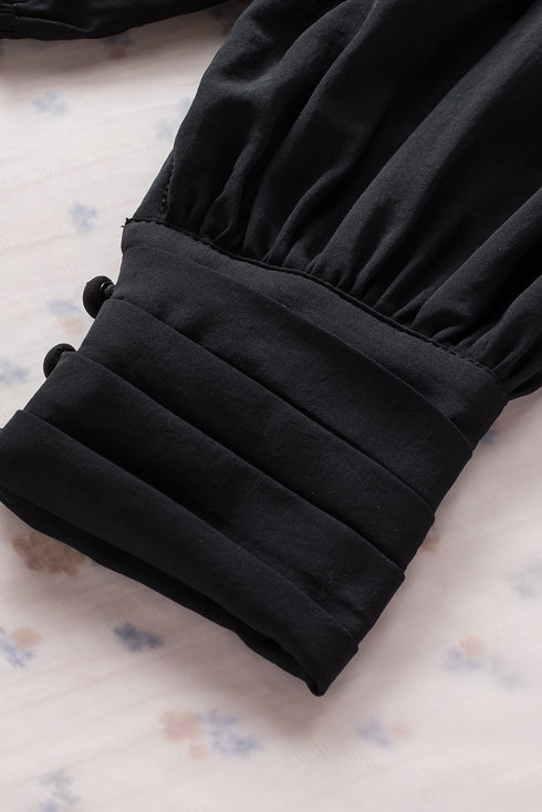 Padded Shoulder Pleated Sleeve Button Cuff Loose Blouse