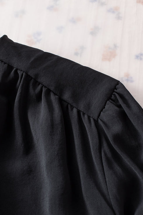 Padded Shoulder Pleated Sleeve Button Cuff Loose Blouse