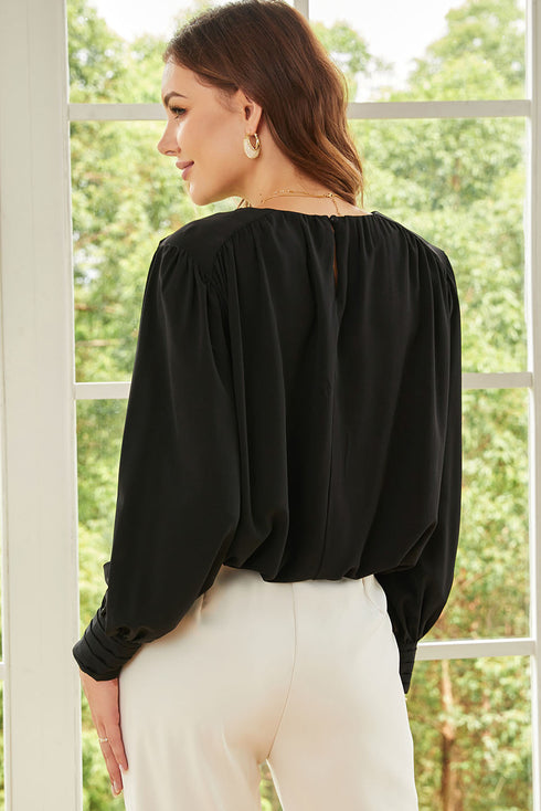 Padded Shoulder Pleated Sleeve Button Cuff Loose Blouse