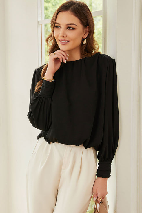 Padded Shoulder Pleated Sleeve Button Cuff Loose Blouse