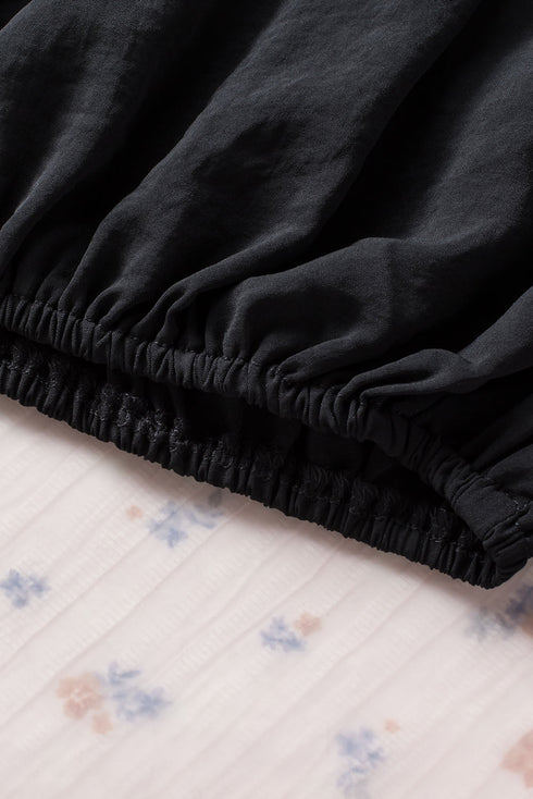 Padded Shoulder Pleated Sleeve Button Cuff Loose Blouse