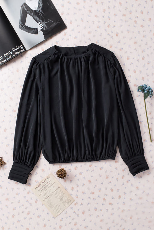 Padded Shoulder Pleated Sleeve Button Cuff Loose Blouse