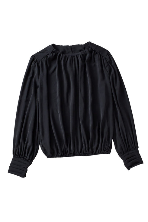 Padded Shoulder Pleated Sleeve Button Cuff Loose Blouse