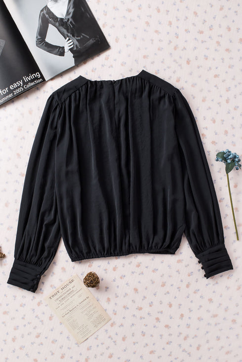 Padded Shoulder Pleated Sleeve Button Cuff Loose Blouse