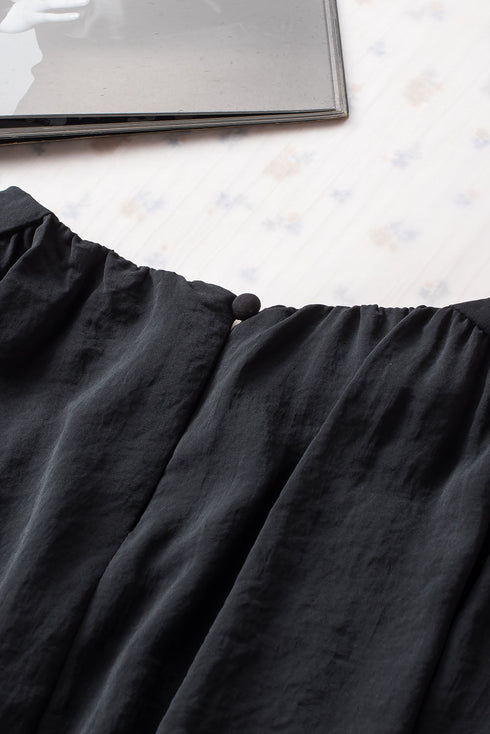 Padded Shoulder Pleated Sleeve Button Cuff Loose Blouse