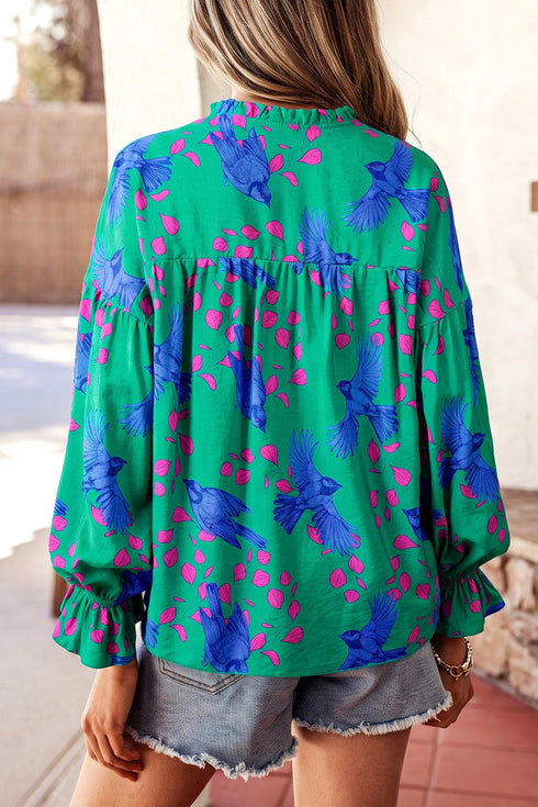 Painterly Abstract Print V Neck Flounced Puff Sleeve Blouse