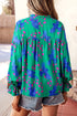 Painterly Abstract Print V Neck Flounced Puff Sleeve Blouse