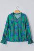 Painterly Abstract Print V Neck Flounced Puff Sleeve Blouse