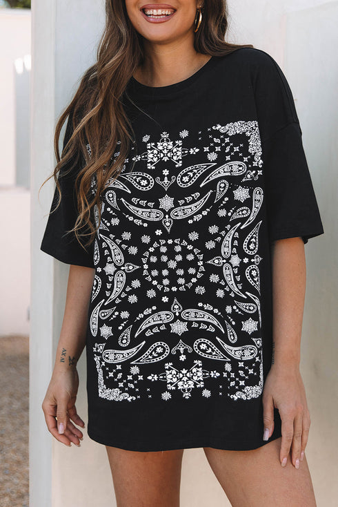 Paisley Pattern Cotton Blend Crew Neck Loose Fit Tunic Tee