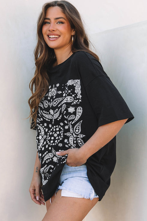 Paisley Pattern Cotton Blend Crew Neck Loose Fit Tunic Tee