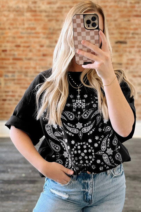 Paisley Pattern Cotton Blend Crew Neck Loose Fit Tunic Tee