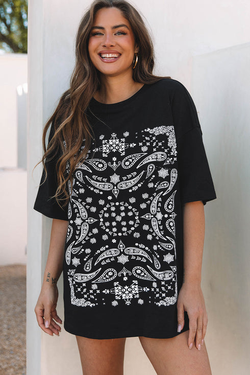 Paisley Pattern Cotton Blend Crew Neck Loose Fit Tunic Tee