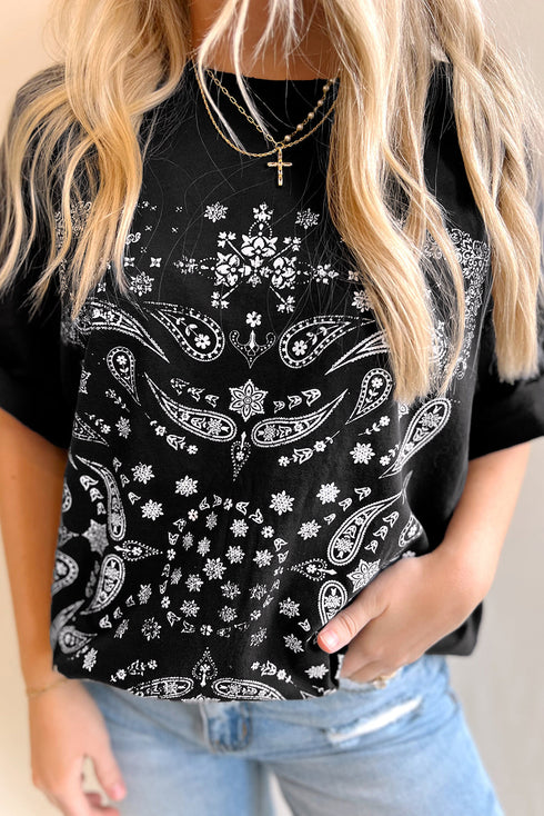 Paisley Pattern Cotton Blend Crew Neck Loose Fit Tunic Tee